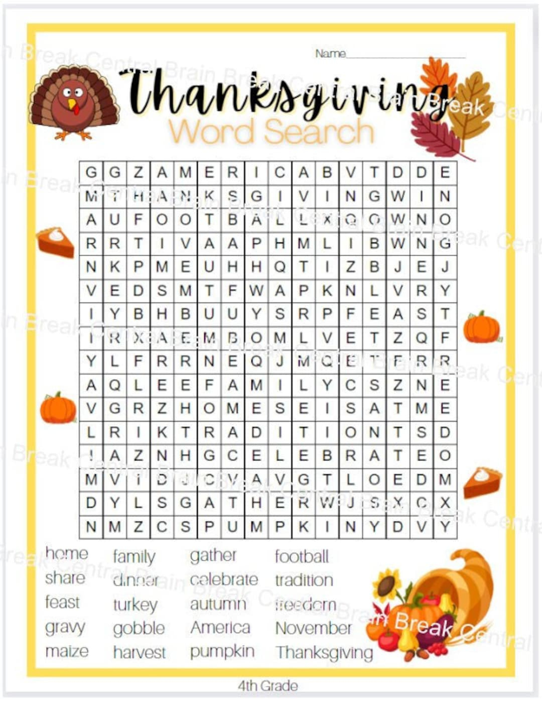 4Th Grade Thanksgiving Word Search With Answer Key, Printable - Etsy intended for 4th Grade Thanksgiving Worksheets