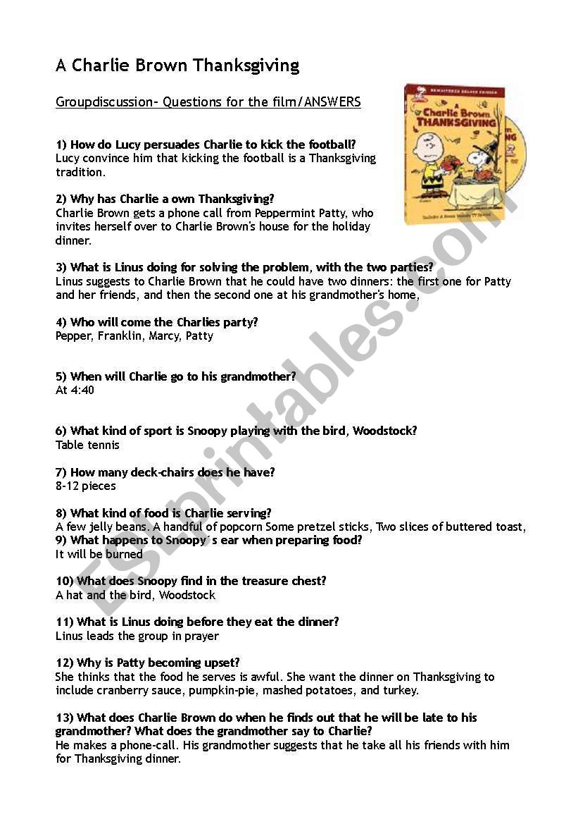 A Charlie Brown Thanksgiving- Answers - Esl Worksheetstella_Mater with regard to A Charlie Brown Thanksgiving Worksheet