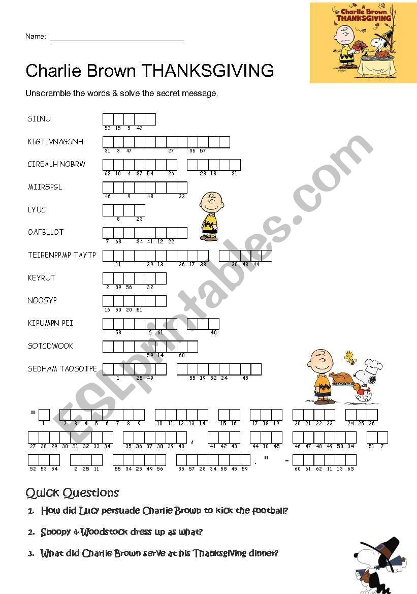 Charlie Brown Thanksgiving - Esl Worksheetgaijin101 with A Charlie Brown Thanksgiving Worksheet