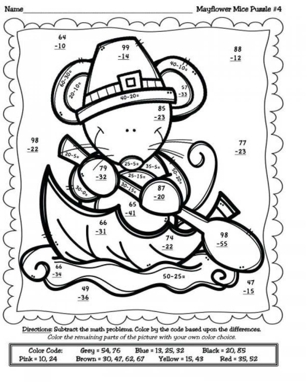 Free Subtraction Coloring Worksheets For Second Grade - Worksheet throughout Thanksgiving Subtraction With Regrouping Worksheets