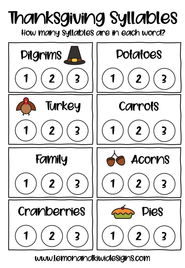 Free Thanksgiving Literacy Printables - Lemon And Kiwi Designs within Thanksgiving Syllable Worksheets