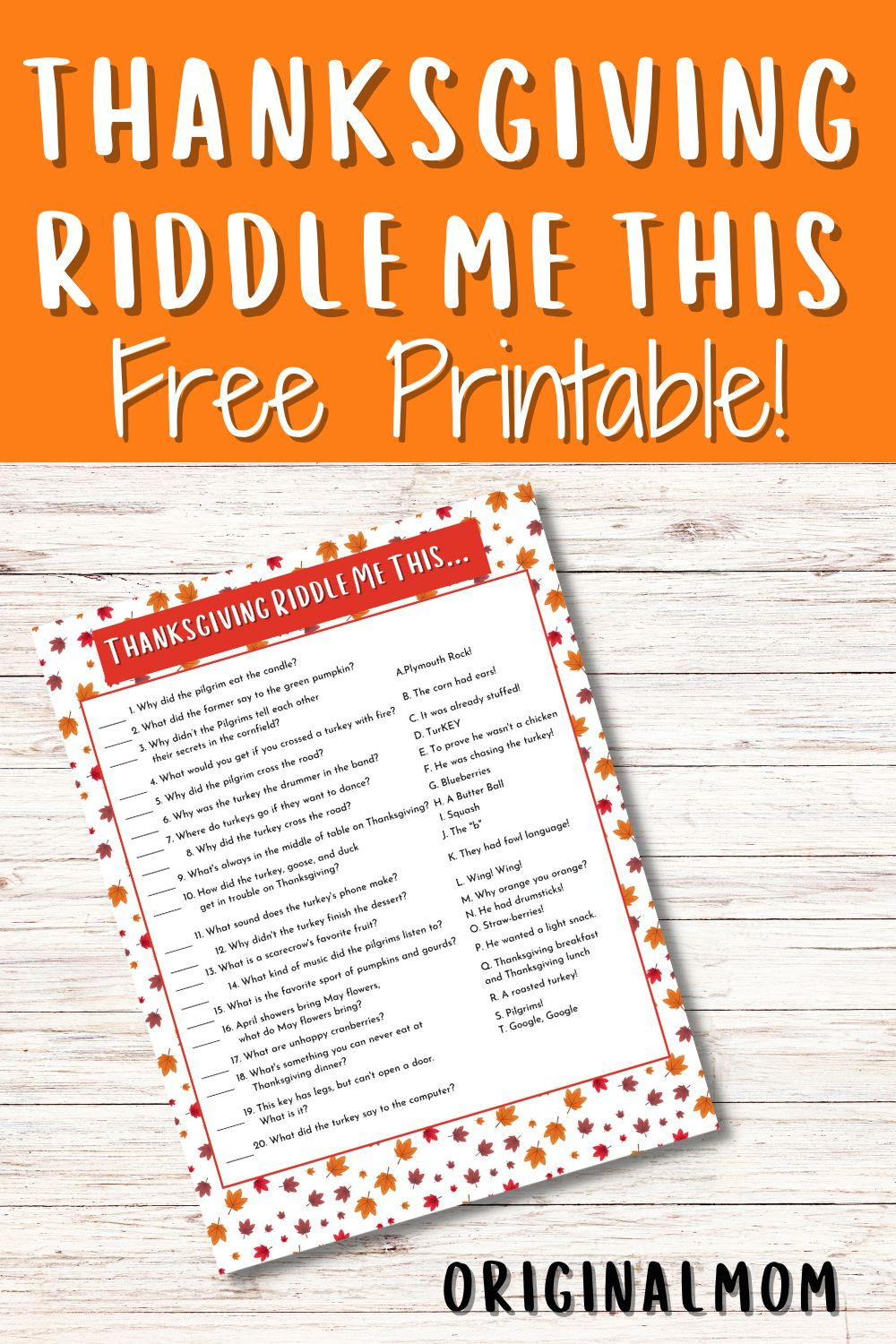 Fun Thanksgiving Riddle Me This Free Printable - Originalmom for Thanksgiving Riddle Worksheet