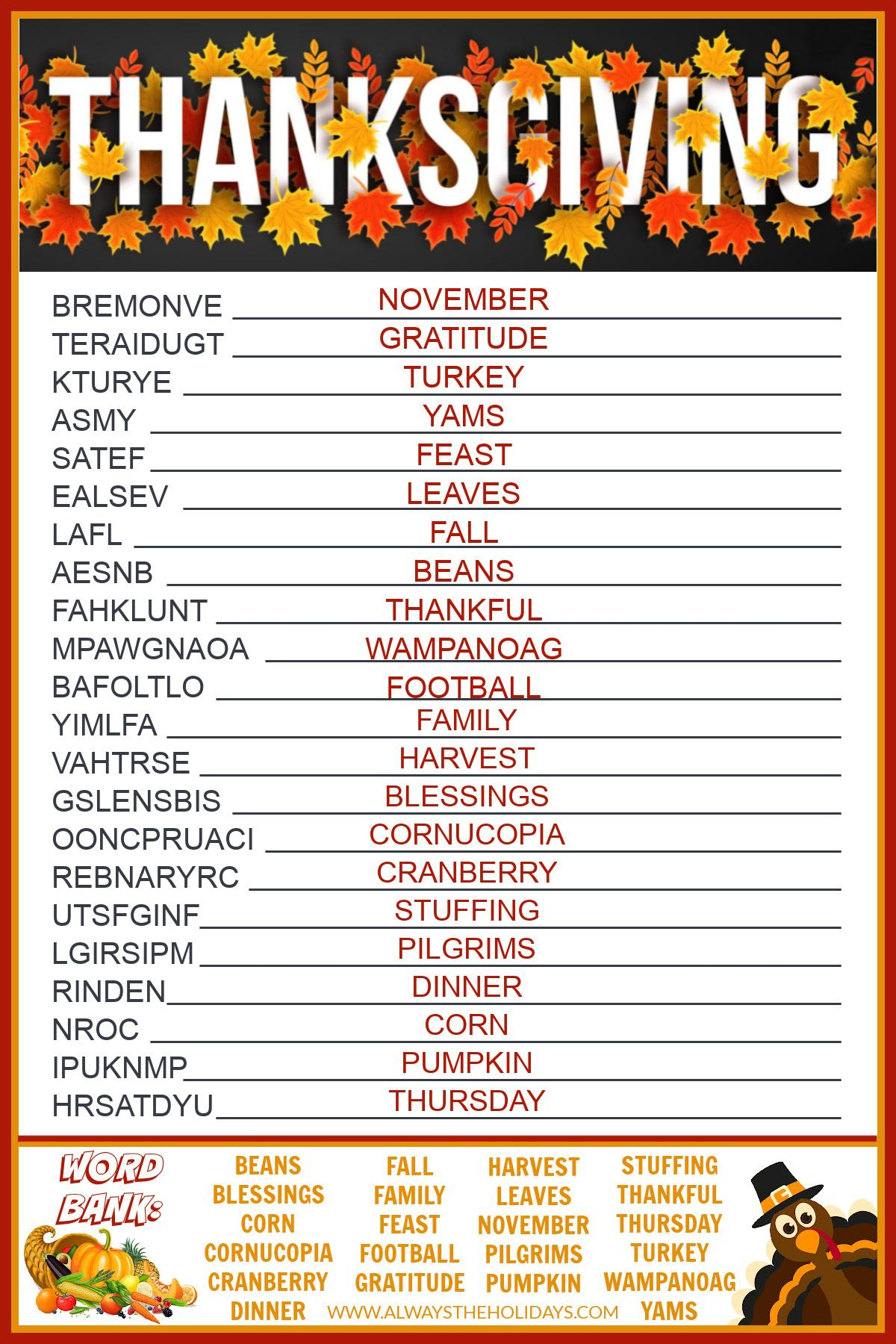 Get A Free Printable Thanksgiving Word Scramble With Answers in Thanksgiving Word Scramble Worksheet Answers