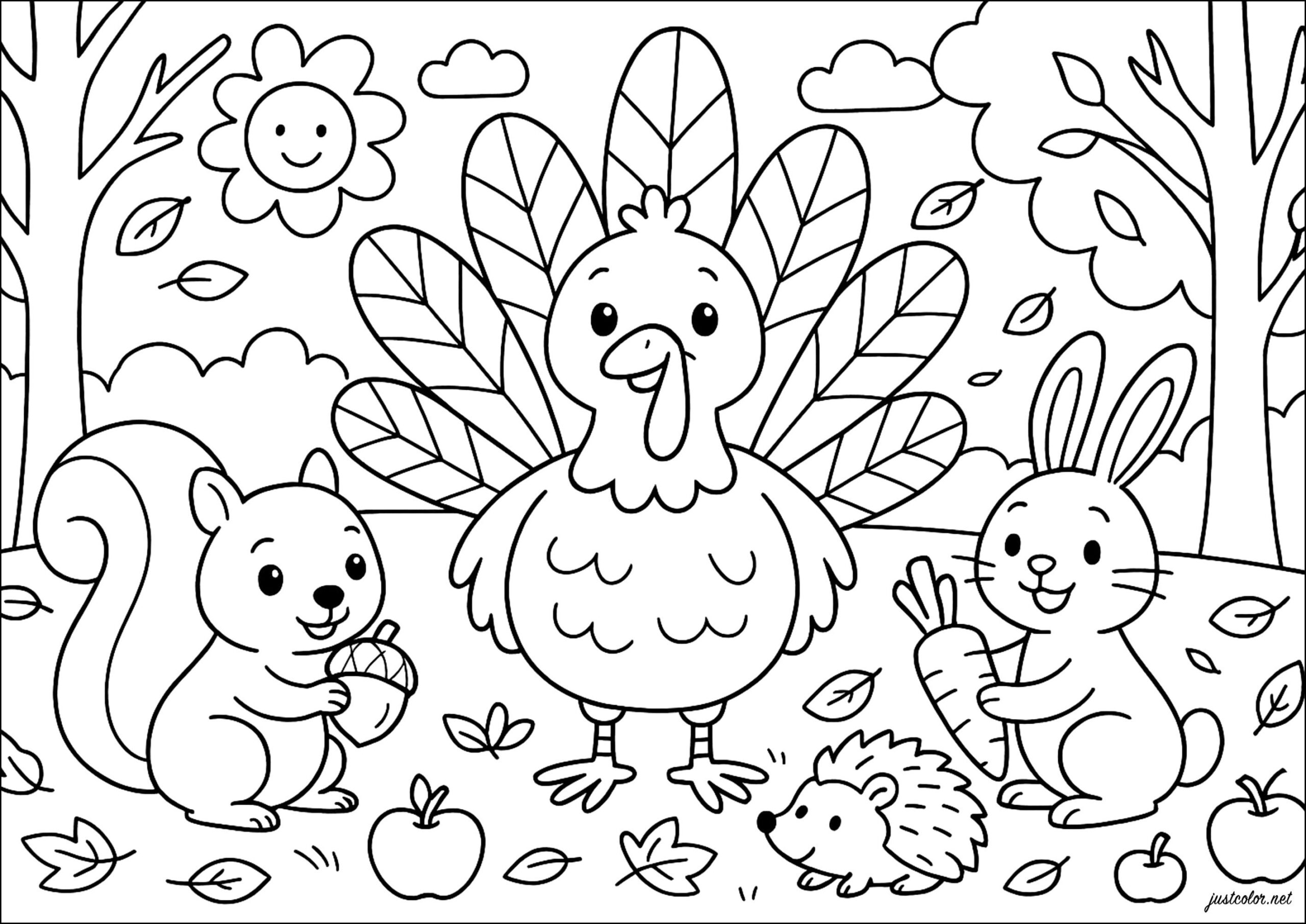 Happy Turkey And His Autumn Friends - Thanksgiving Coloring Pages throughout Coloring Worksheets For Thanksgiving