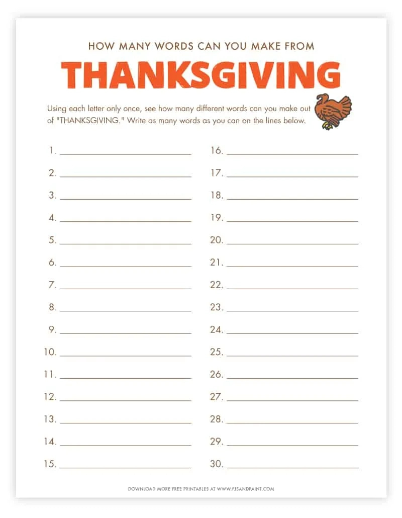 How Many Words Can You Make Out Of Thanksgiving - Free Printable inside How Many Words Can You Make Out of Thanksgiving Worksheet