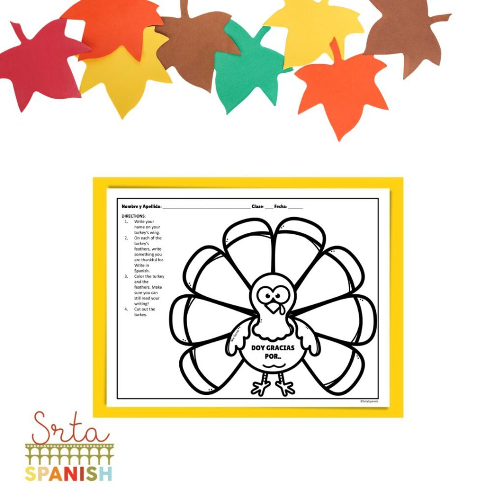 I Am Thankful Turkey Printable Spanish Class Craft Template - Srta in Free Printable Spanish Thanksgiving Worksheets