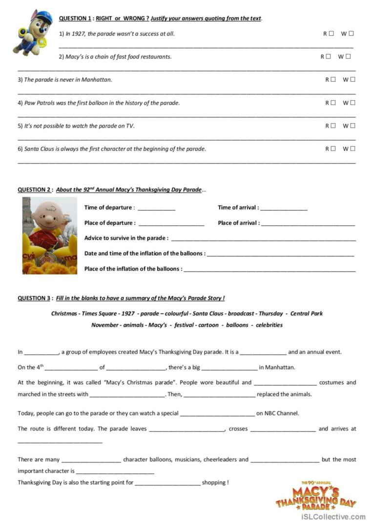 Macy'S Thanksgiving Day Parade: English Esl Worksheets Pdf & Doc in Macys Thanksgiving Day Parade Worksheet