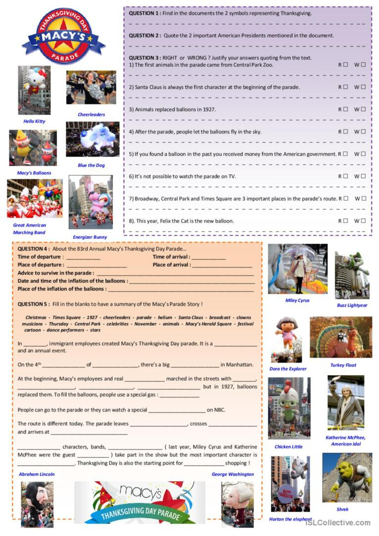 Macy&amp;#039;S Thanksgiving Day Parade Readi…: English Esl Worksheets Pdf in Macys Thanksgiving Day Parade Worksheet