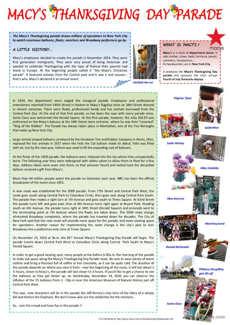 Macy&amp;#039;S Thanksgiving Day Parade Readi…: English Esl Worksheets Pdf pertaining to Macys Thanksgiving Day Parade Worksheet
