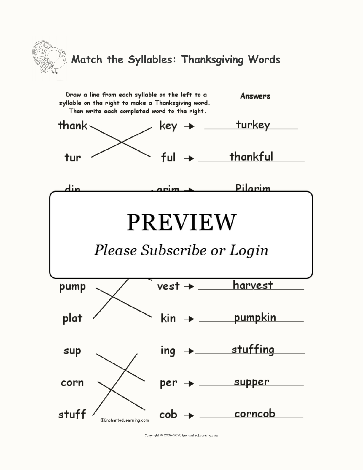 Match The Syllables: Thanksgiving Words - Enchanted Learning with Thanksgiving Syllables Worksheet