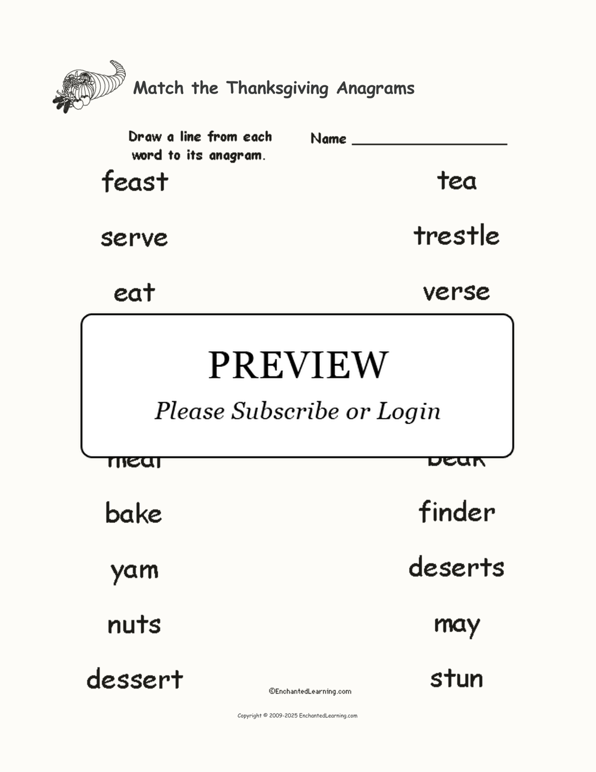 Match The Thanksgiving Anagrams - Enchanted Learning throughout Thanksgiving Anagrams Worksheet Answers