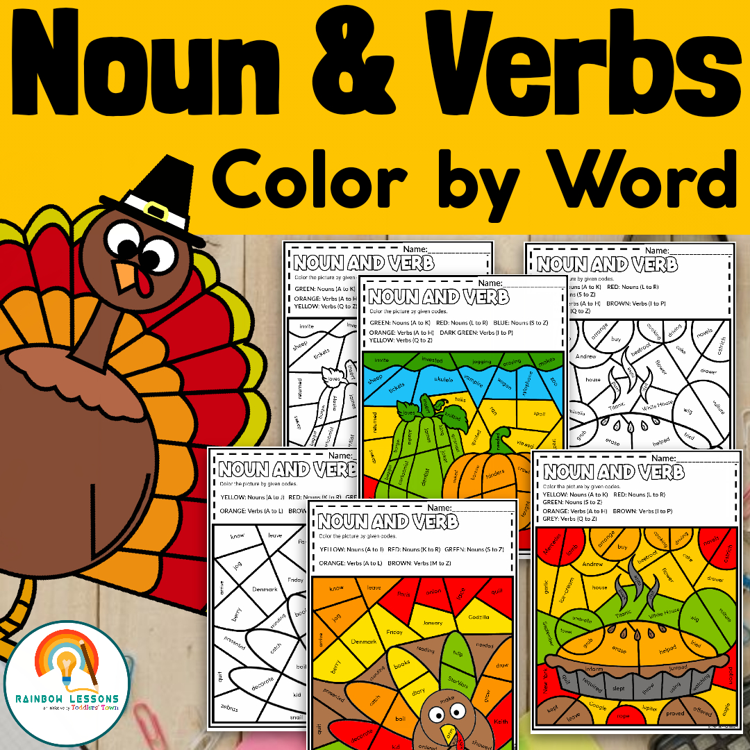 Noun And Verbs Worksheets | Thanksgiving Colorcode pertaining to Thanksgiving Verbs Worksheet