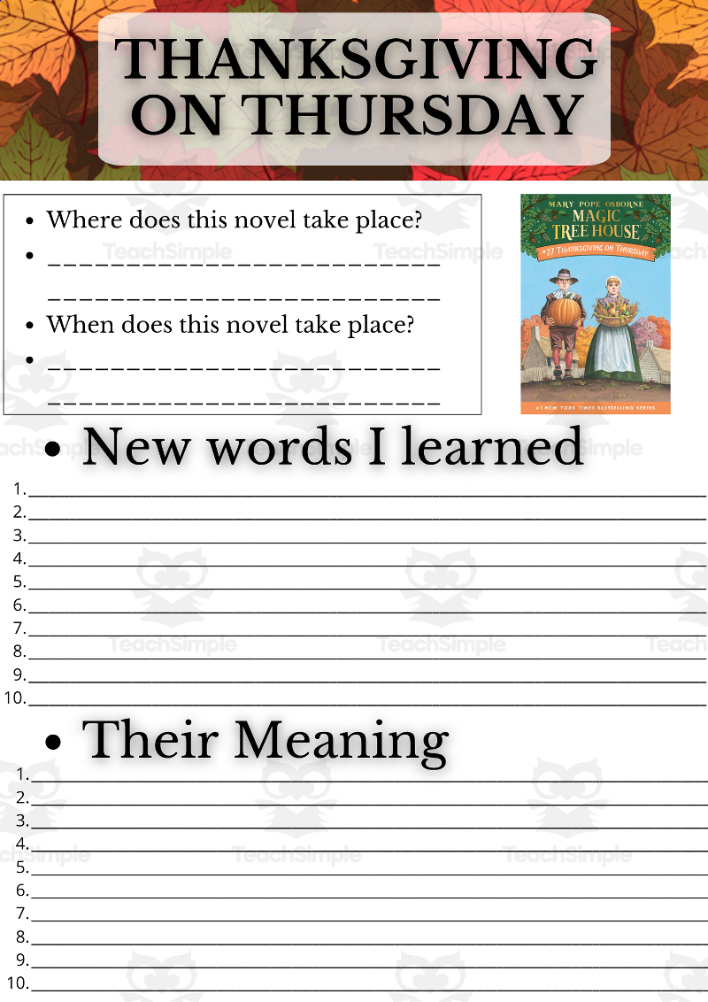 Novel Study - Thanksgiving On Thursday - Magic Tree Houseteach inside Magic Tree House Thanksgiving on Thursday Worksheets