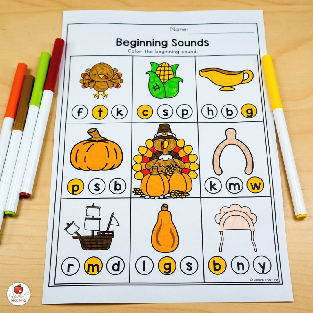November Worksheets For Kindergarten: Easy To Prep Thanksgiving inside Thanksgiving Beginning Sounds Worksheet