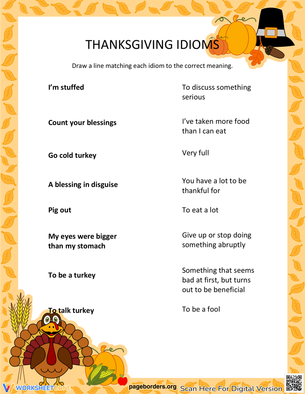Printable Grade 6 Thanksgiving Idioms Worksheets Worksheets in Thanksgiving Idioms Worksheet