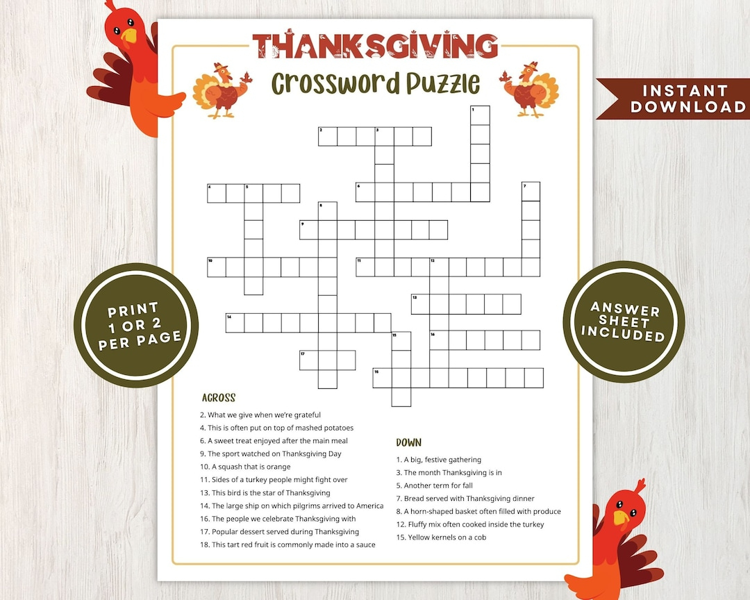 Printable Thanksgiving Crossword Puzzle For Kids And Adults inside Thanksgiving Crossword Puzzle Worksheet