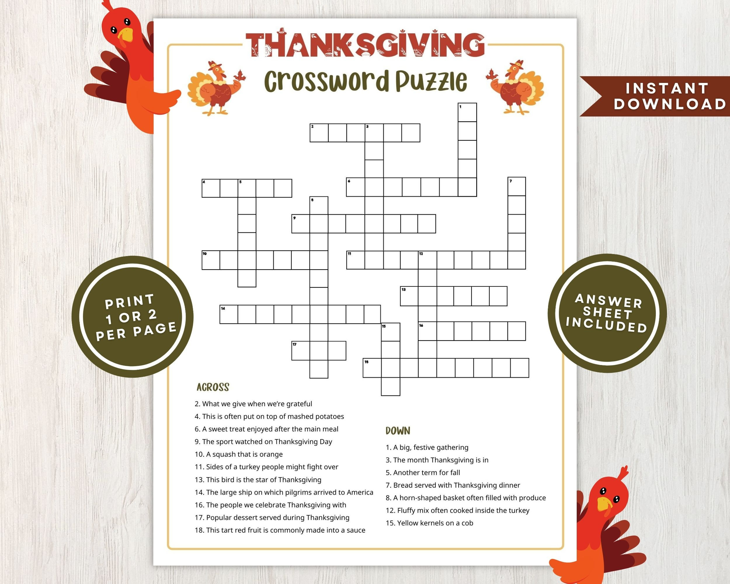 Printable Thanksgiving Crossword Puzzle For Kids And Adults throughout Thanksgiving Crossword Puzzle Worksheet Answer Key