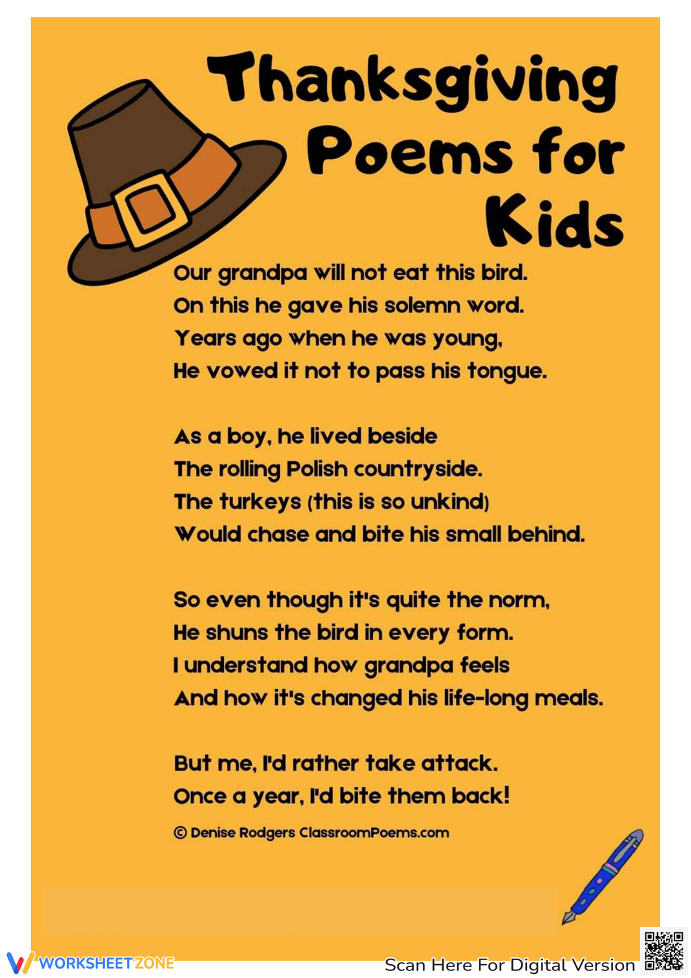 Printable Thanksgiving Poems For Kids Worksheets throughout Thanksgiving Poem Worksheet