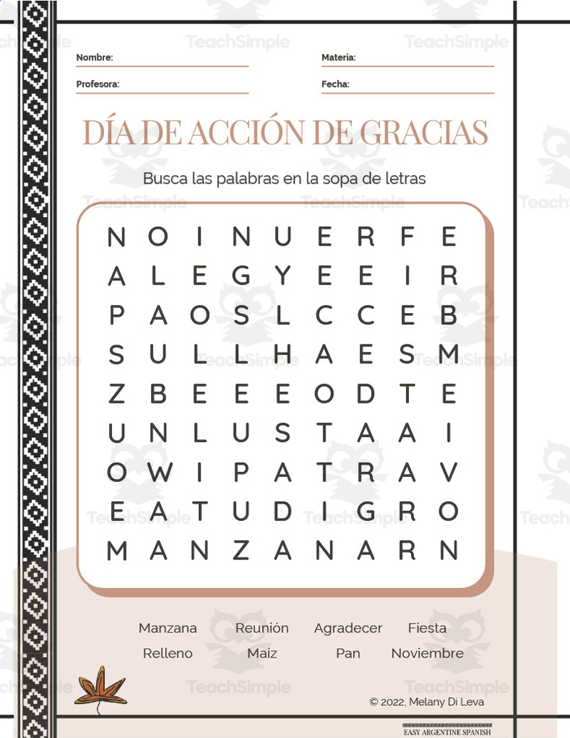 Spanish: Thanksgiving Day Word Search Packet in Thanksgiving in Spanish Worksheets