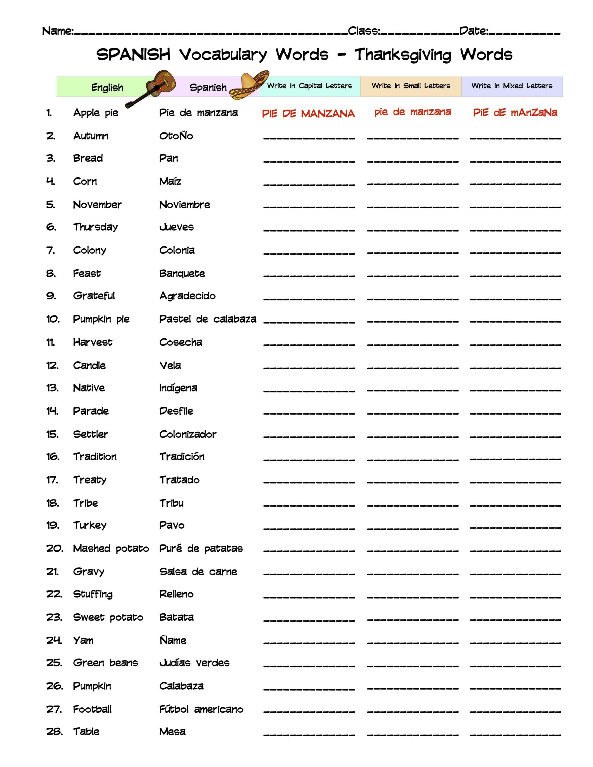 Spanish Thanksgiving Vocabulary Word List Column Worksheet | Made intended for Spanish Thanksgiving Worksheets