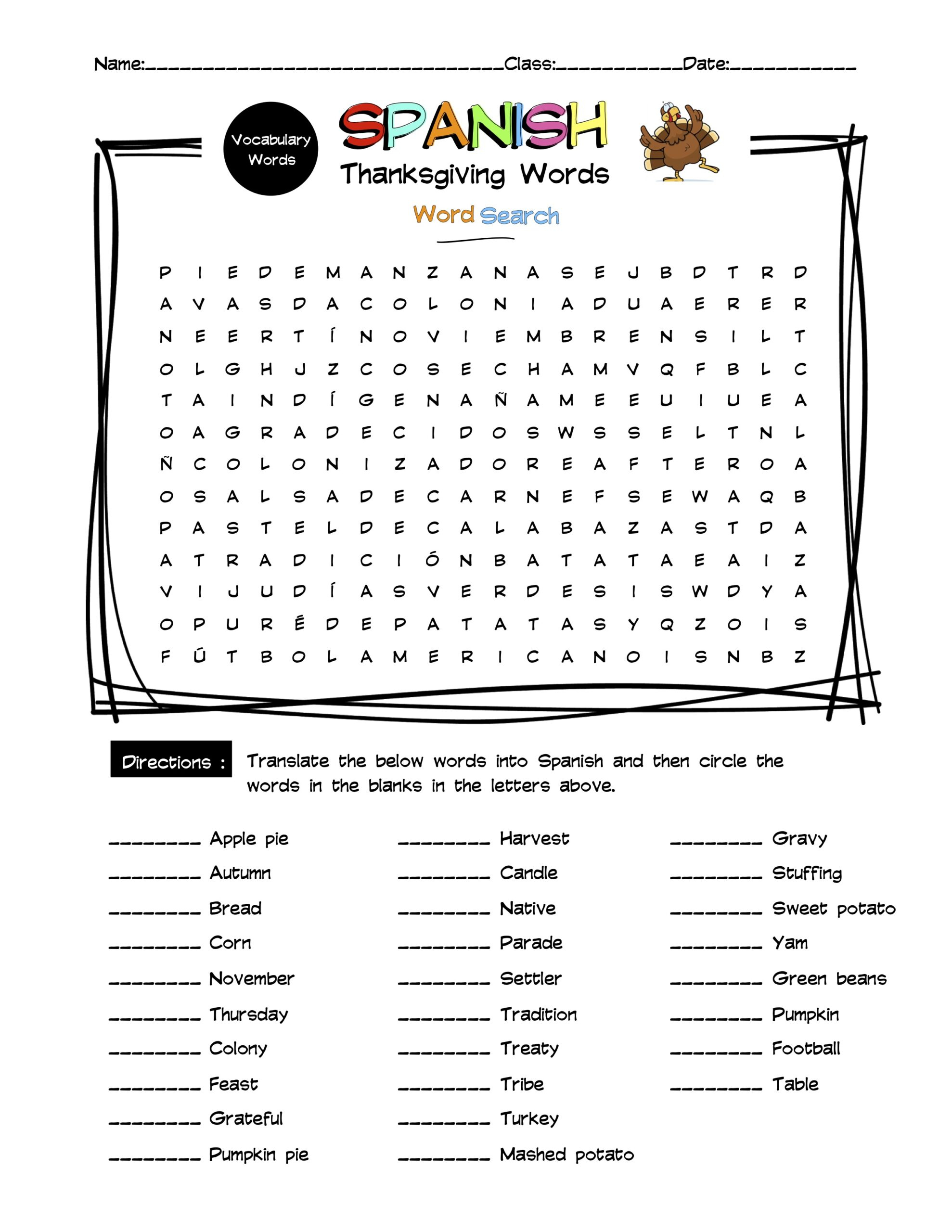Spanish Thanksgiving Vocabulary Word Search &amp;amp; Answer Key | Made throughout Thanksgiving Worksheets In Spanish