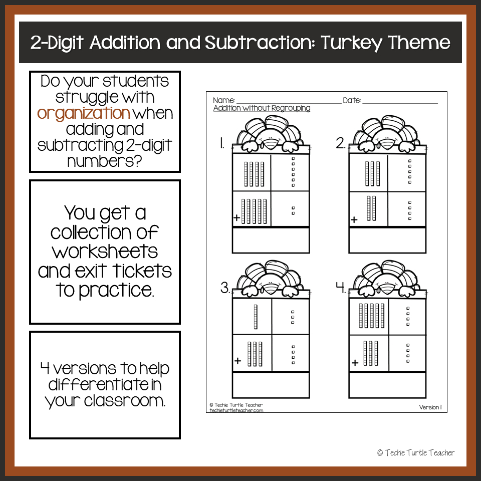 Thanksgiving 2-Digit Addition &amp;amp; Subtraction Using Base Ten Blocks inside Thanksgiving Subtraction with Regrouping Worksheets
