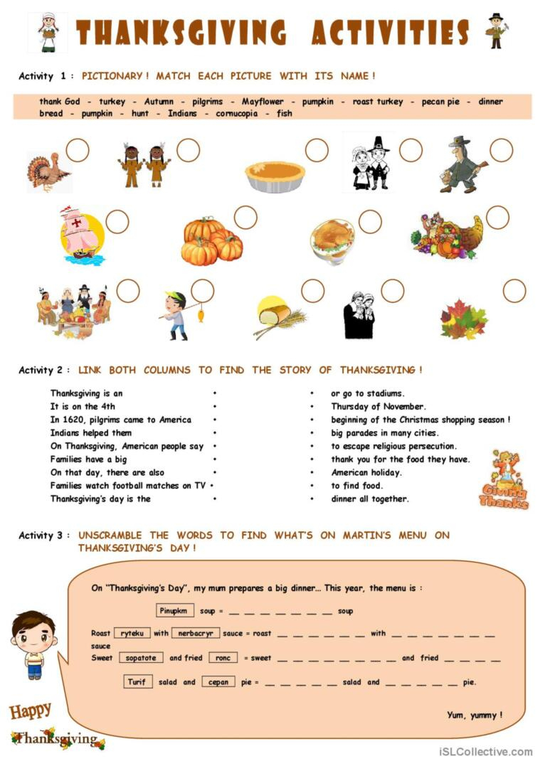 Thanksgiving Activities: English Esl Worksheets Pdf & Doc regarding Thanksgiving English Worksheets