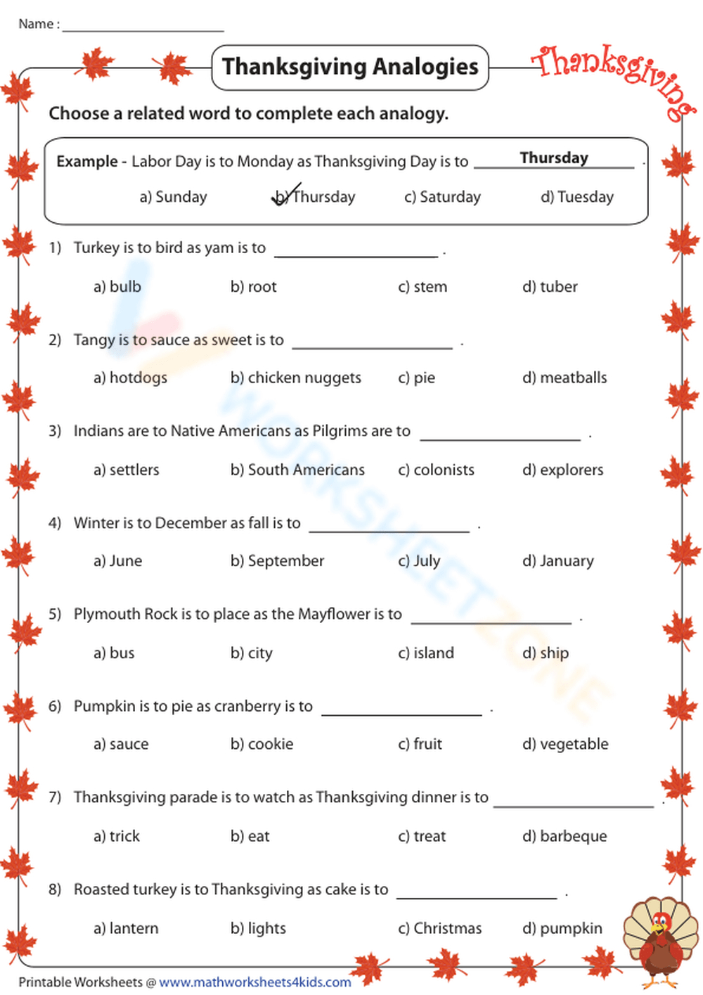 Thanksgiving Analogies: Festive &amp;amp; Fun Worksheet! Worksheet with regard to Thanksgiving Analogies Worksheet Answer Key
