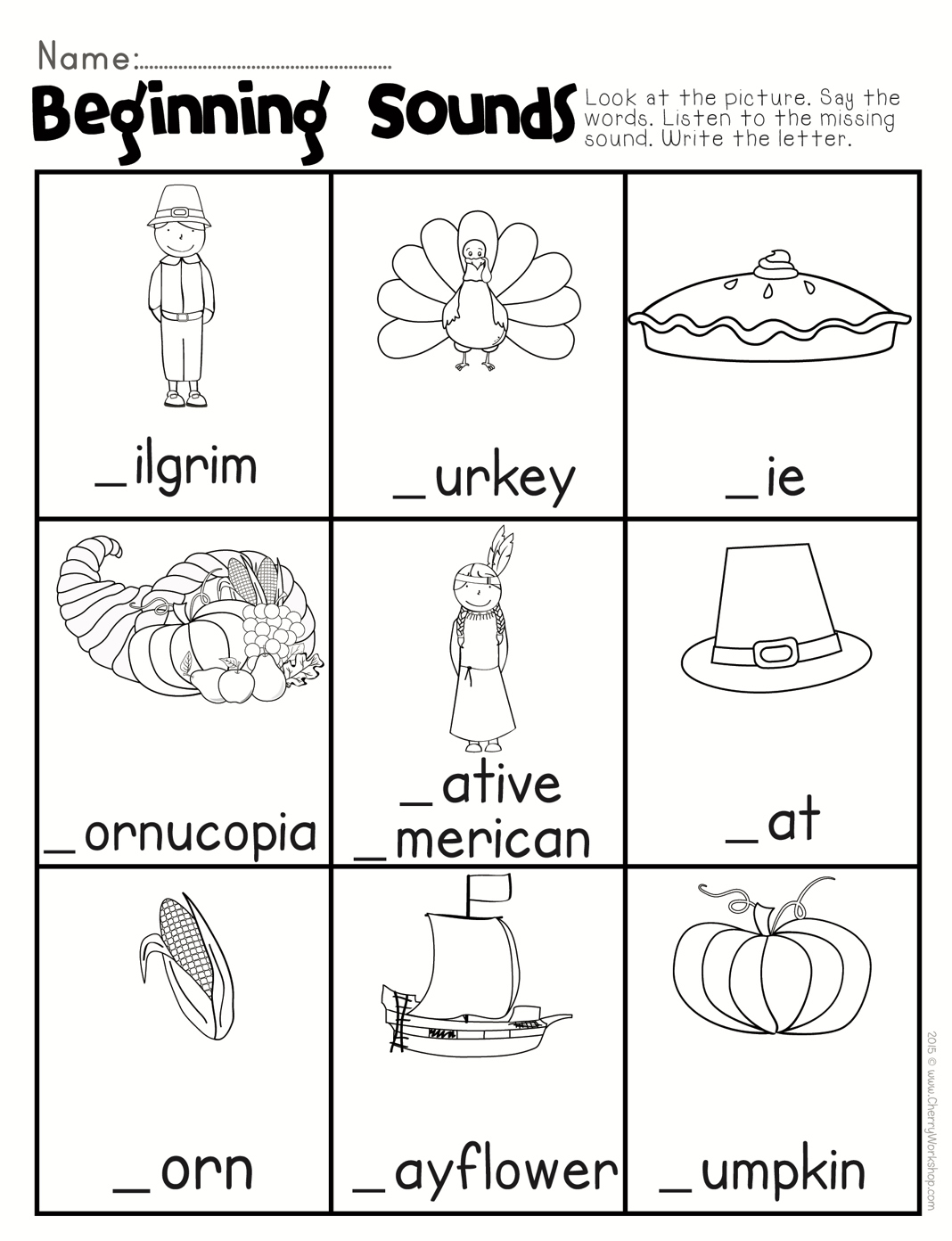 Thanksgiving Beginning Sound for Thanksgiving Beginning Sounds Worksheet