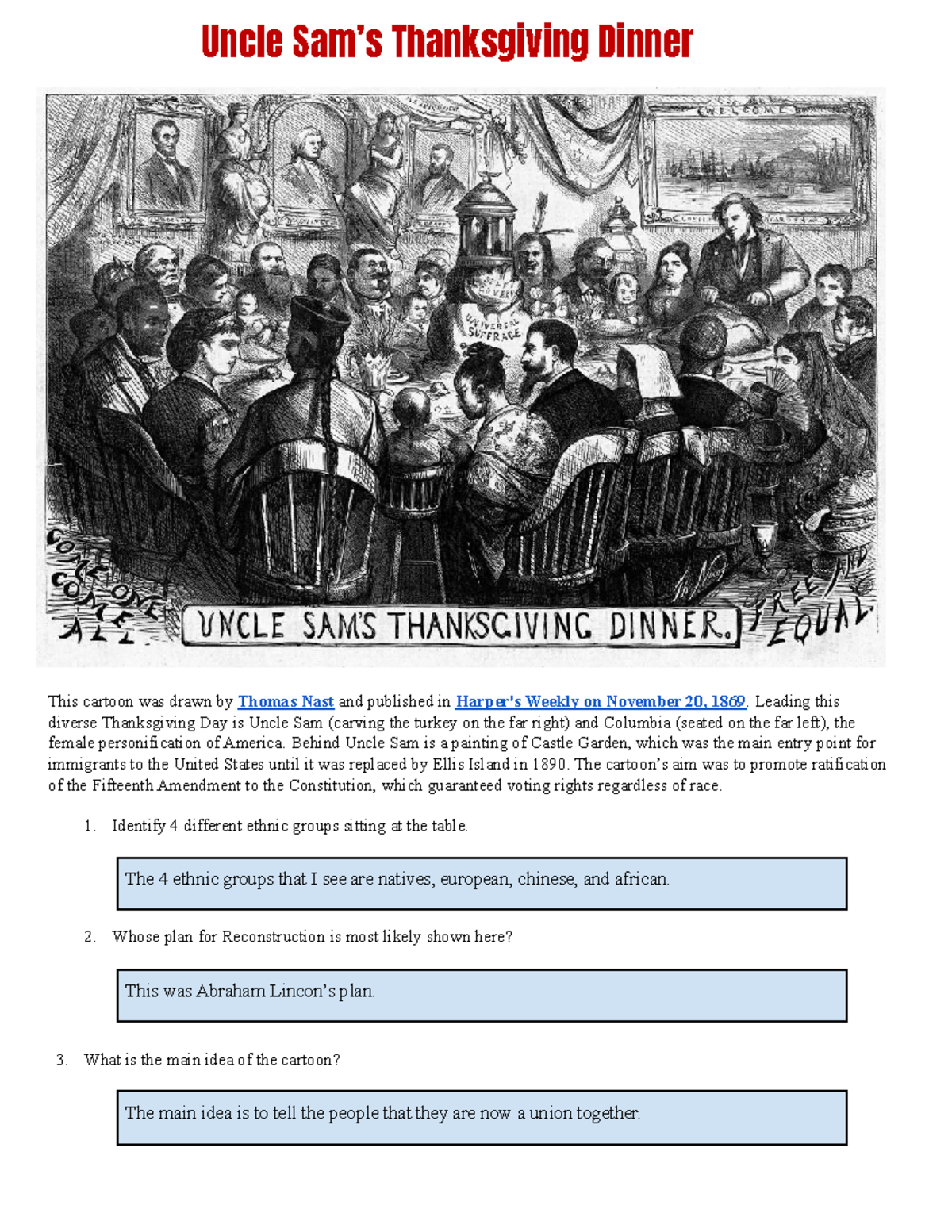 Thanksgiving Cartoon Analysis: Ethnic Unity &amp;amp; Controversies In throughout Uncle Sams Thanksgiving Dinner Worksheet Answers