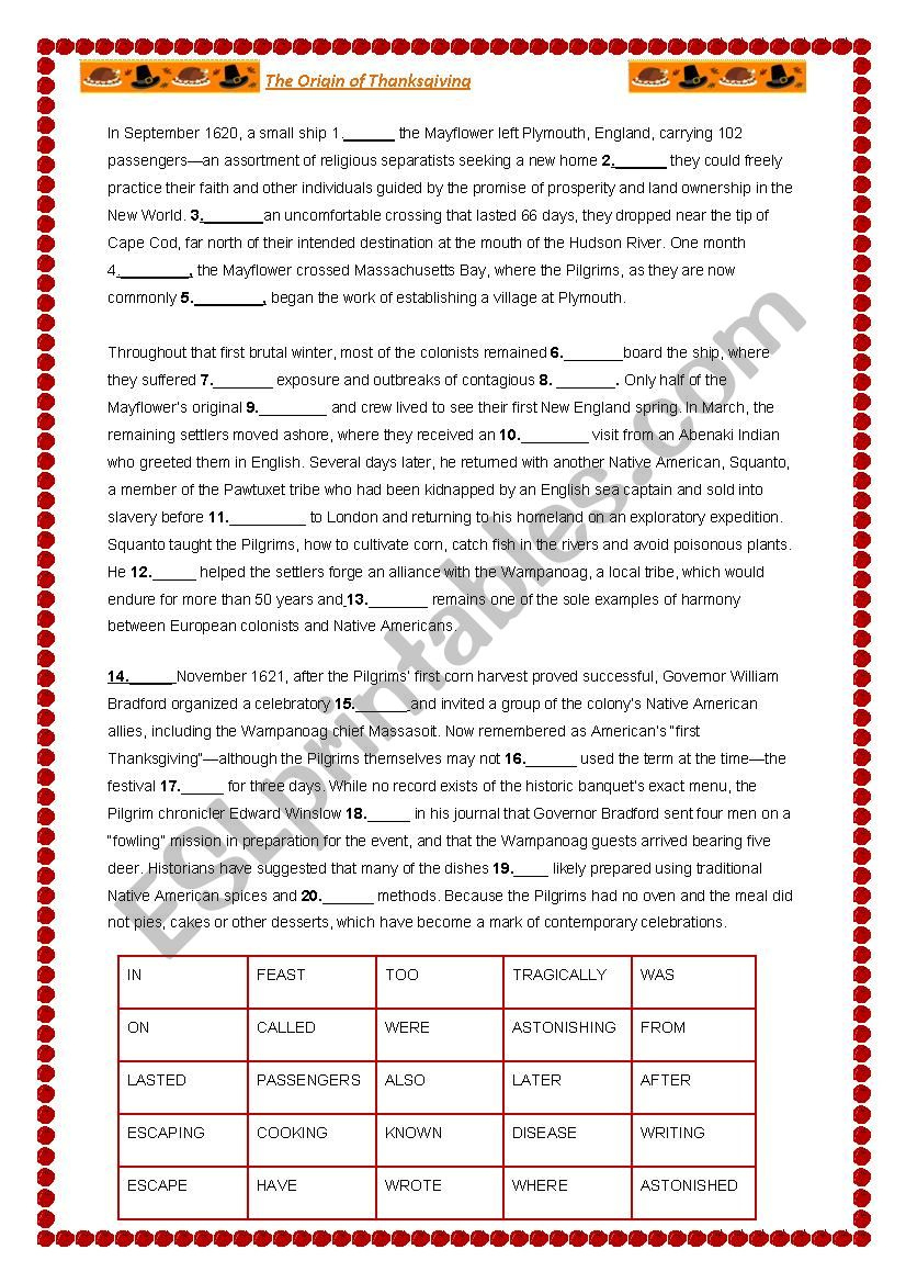 Thanksgiving Cloze Text - Esl Worksheetalaniss inside Thanksgiving Cloze Worksheets