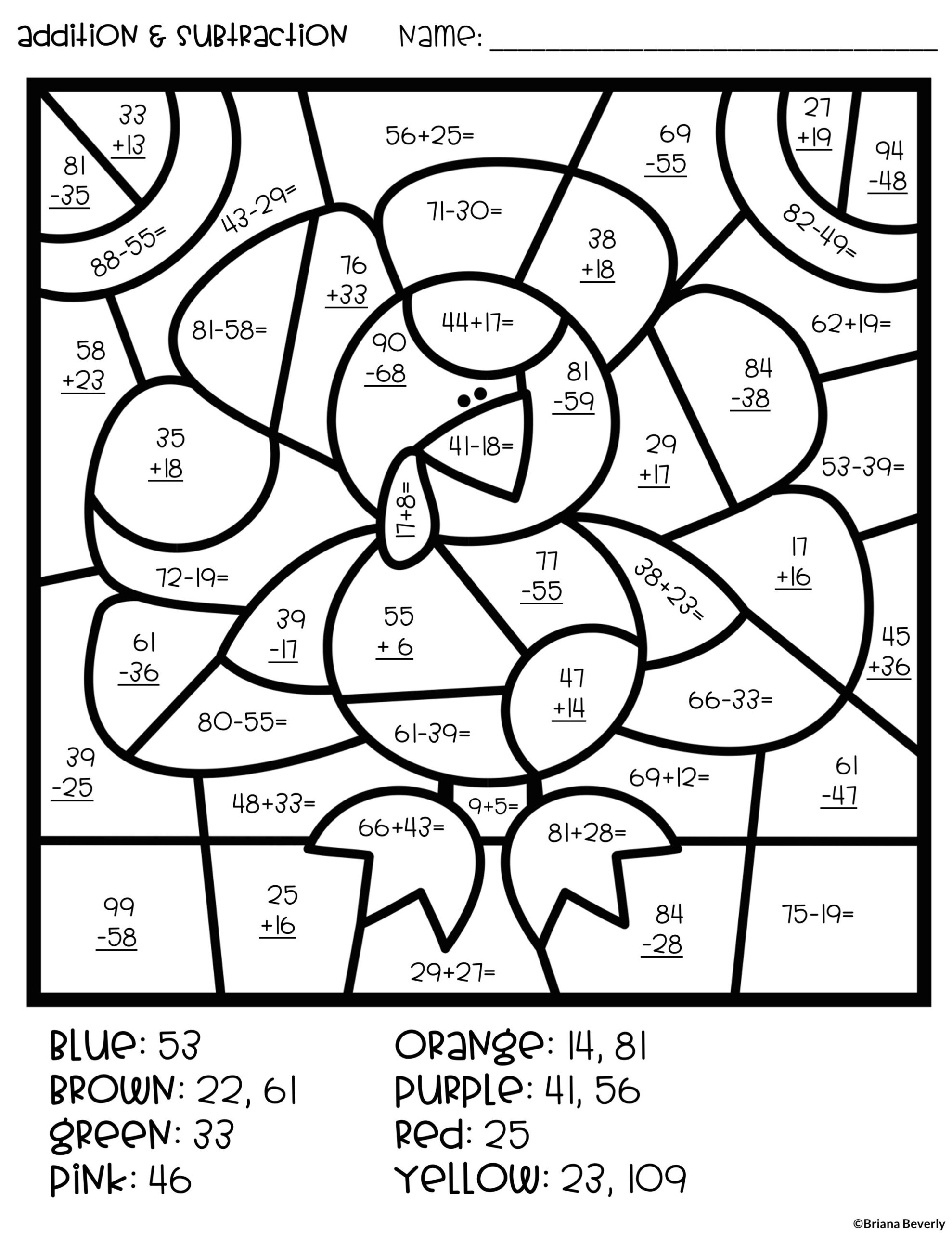 Thanksgiving Colornumber Double Digit Addition &amp;amp;Amp for Thanksgiving Subtraction Worksheets