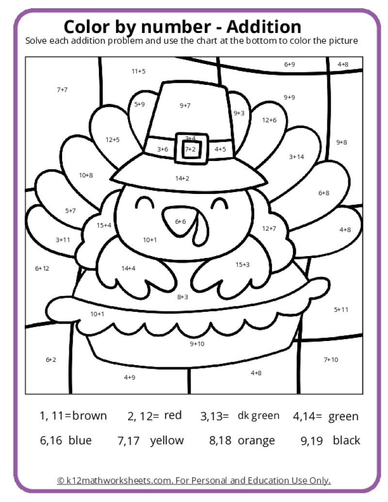 Thanksgiving Colornumber Pages - K12 Math Worksheets with regard to Thanksgiving Math Addition Worksheets