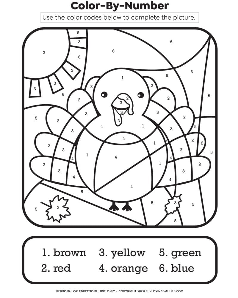 Thanksgiving Colornumber Printable Kids Activity - Fun Loving regarding Free Printable Color By Number Thanksgiving Worksheets