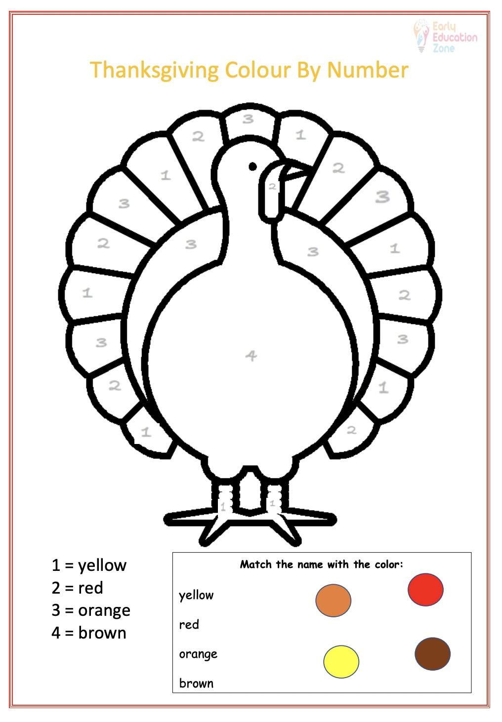 Thanksgiving Colournumber Turkey | Early Education Zone for Thanksgiving Turkey Worksheet