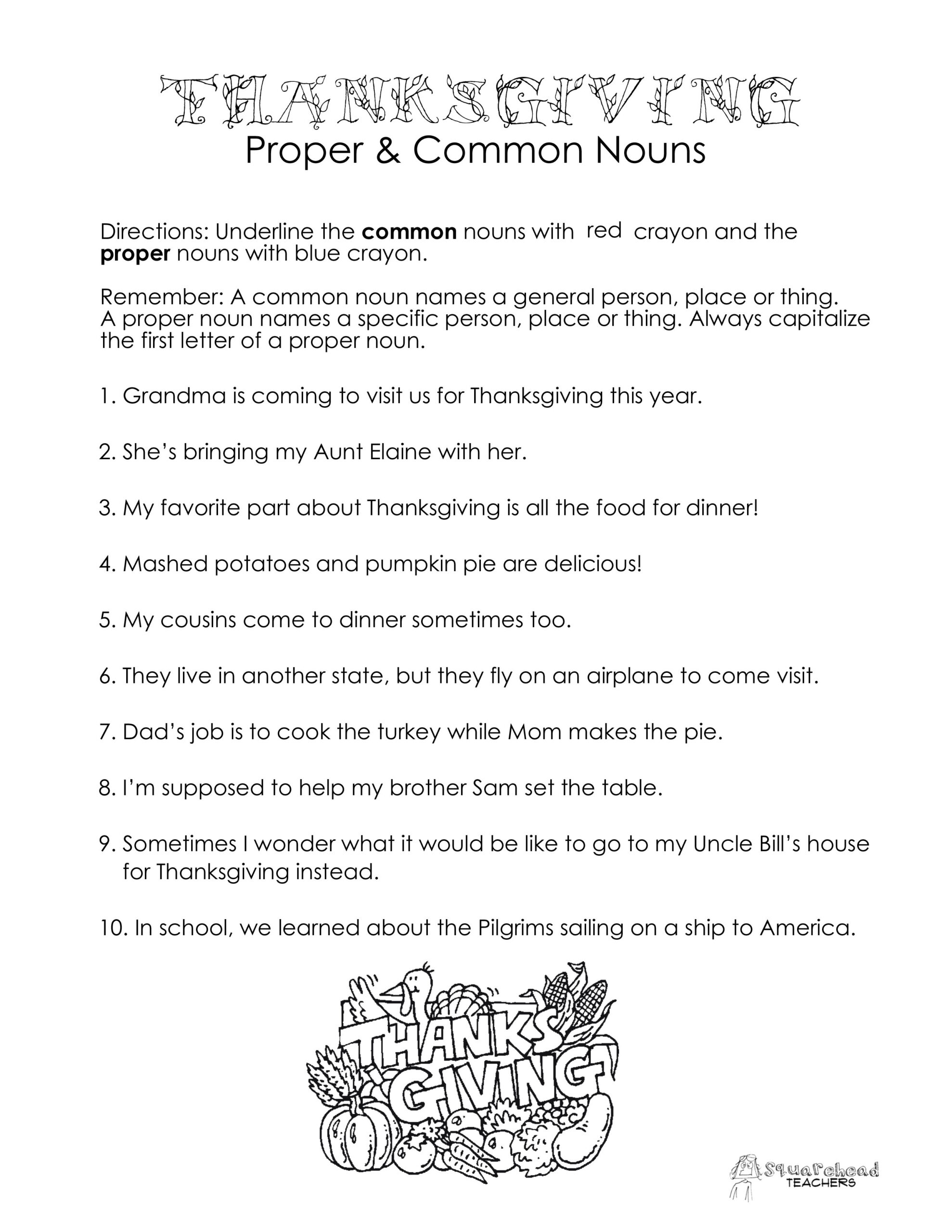 Thanksgiving Common Vs. Proper Nouns Worksheet | Squarehead Teachers intended for Thanksgiving Nouns Worksheets