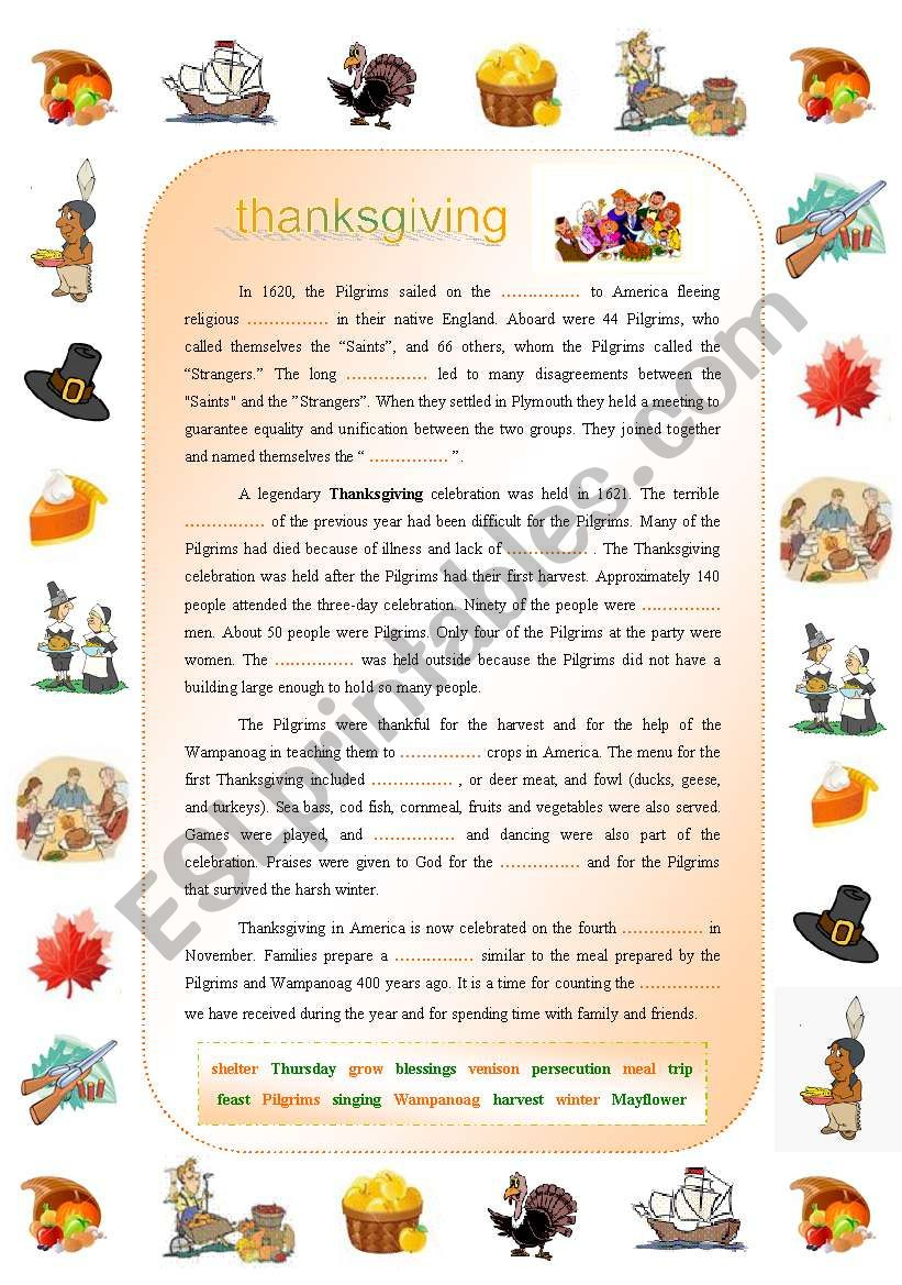 Thanksgiving: Complete-The-Gaps Reading With All The Main with regard to Thanksgiving On Thursday Worksheets