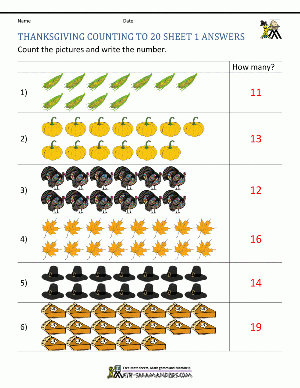 Thanksgiving Counting Worksheets with Thanksgiving Worksheet Answers