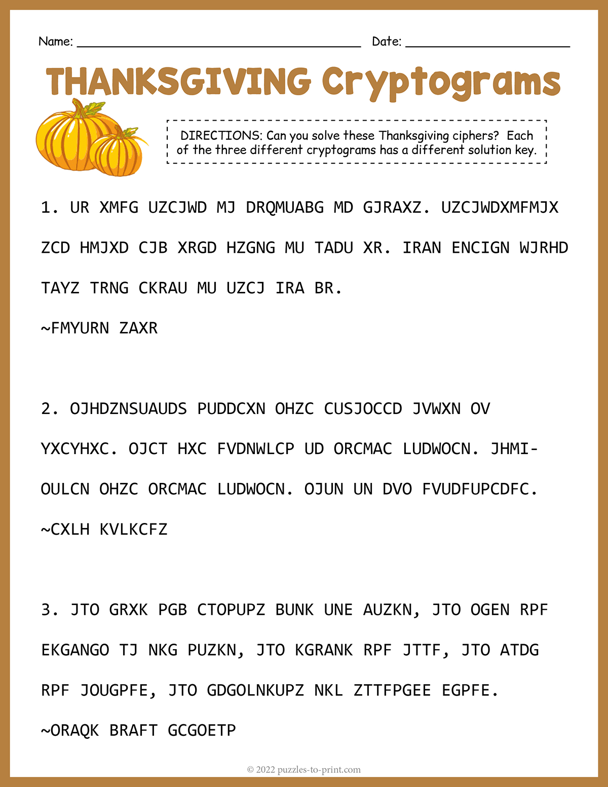 Thanksgiving Cryptograms inside Thanksgiving Cryptogram Worksheet