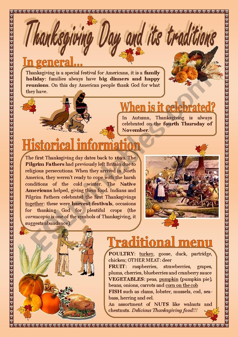 Thanksgiving Day And Its Traditions - Esl Worksheetalex076 for Thanksgiving Traditions Worksheet