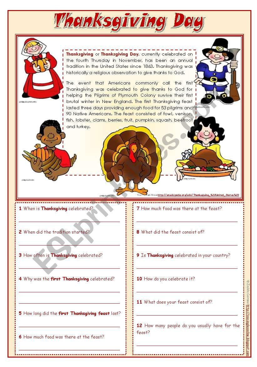 Thanksgiving Day - Reading Comprehension ***Editable - Esl pertaining to History Of Thanksgiving Reading Comprehension Worksheets