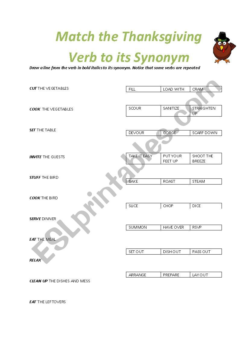 Thanksgiving Dinner Synonyms - Esl Worksheetupen Atem with Thanksgiving Synonyms Worksheet