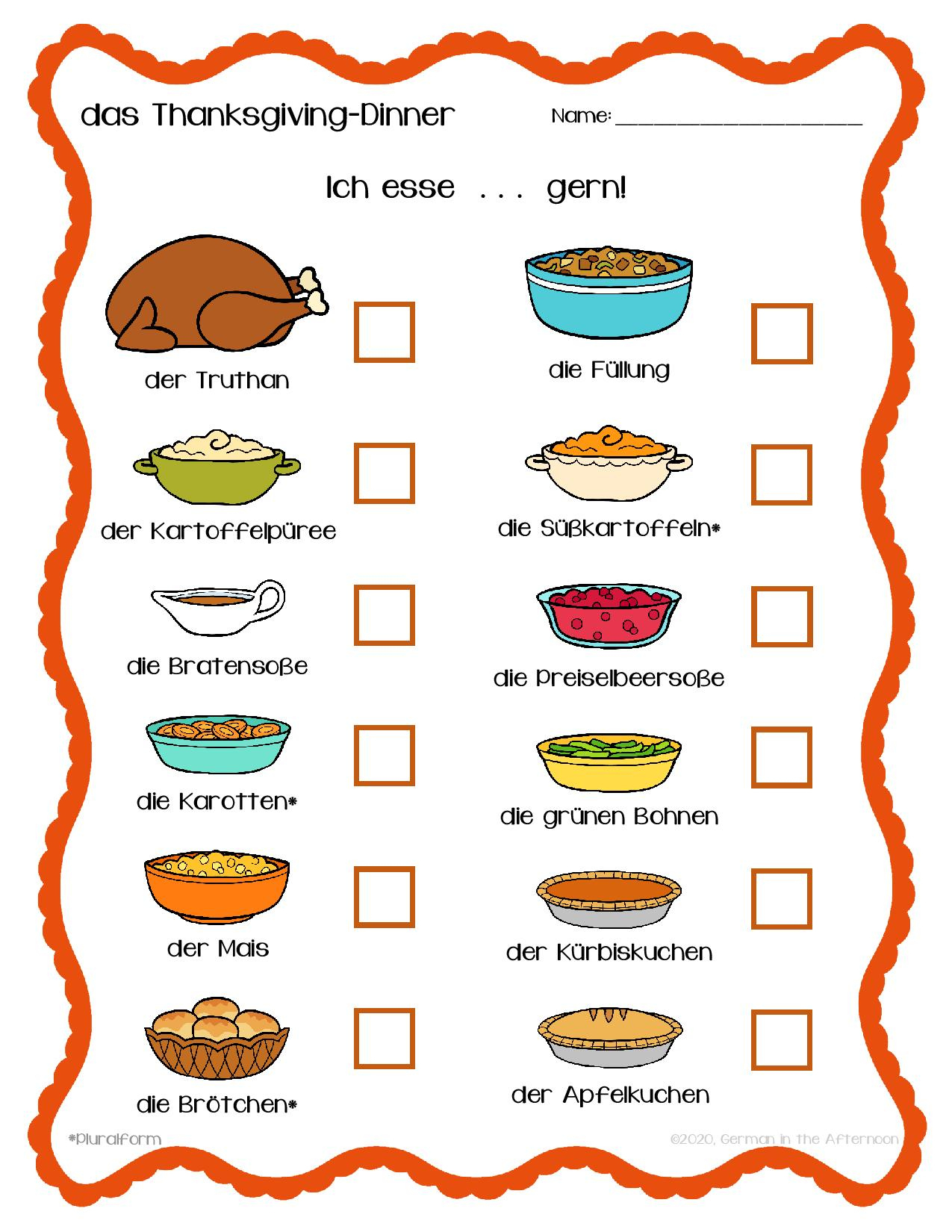 Thanksgiving-Dinner Umfrage / Survey | German In The Afternoon throughout Thanksgiving Meal Worksheet