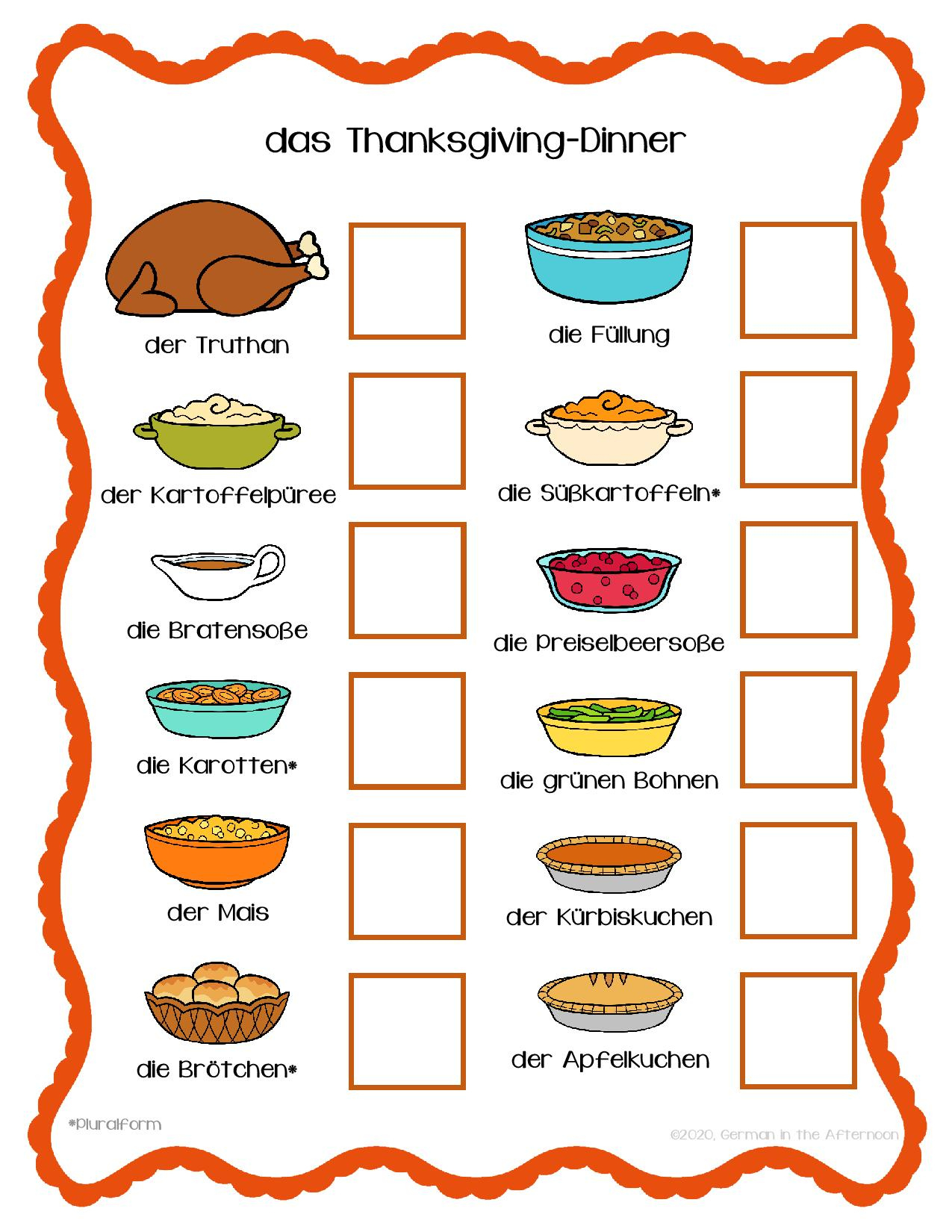 Thanksgiving-Dinner Umfrage / Survey | German In The Afternoon with Thanksgiving Foods Worksheet