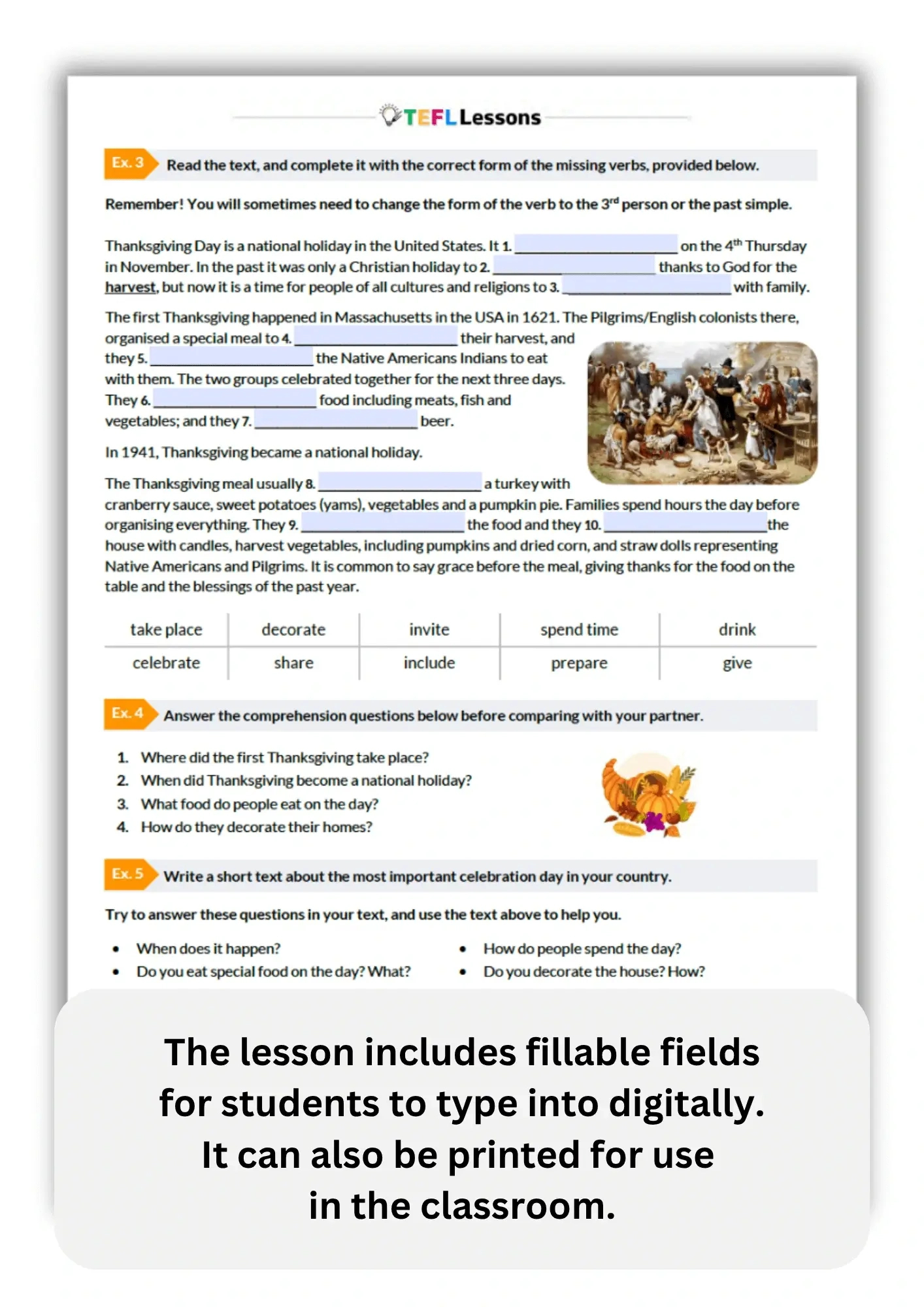 Thanksgiving Esl Worksheet – Free A1 Elementary Lesson - Tefl regarding Thanksgiving A Day Of Thanks Worksheet Answers