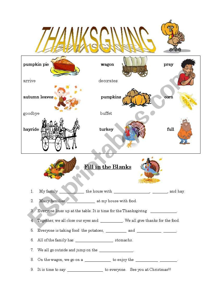 Thanksgiving Fill In The Blanks - Esl Worksheetjbm182 with regard to Thanksgiving Fill in the Blank Worksheets