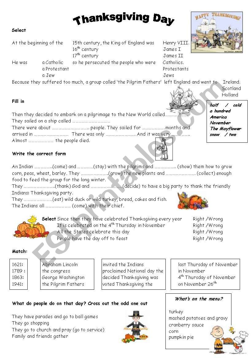 Thanksgiving: History And Traditions - Esl Worksheetjackella within Thanksgiving Traditions Worksheet