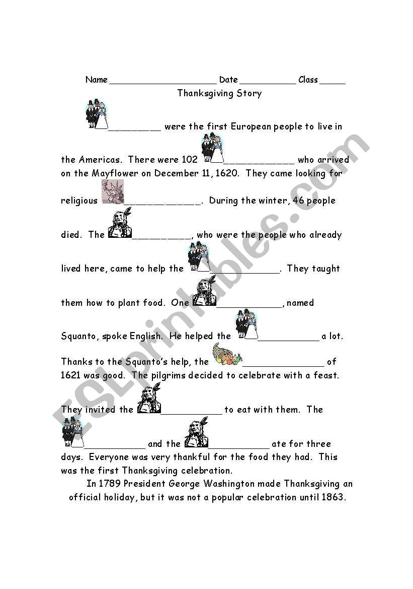 Thanksgiving History Cloze #1 - Esl Worksheetsuperjoy intended for Thanksgiving Cloze Worksheets