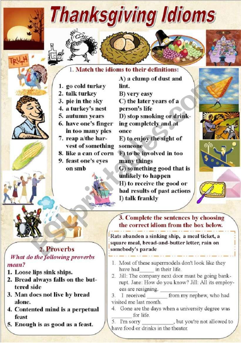 Thanksgiving Idioms And Proverbs (With Keys) - Esl Worksheet intended for Thanksgiving Idioms Worksheet