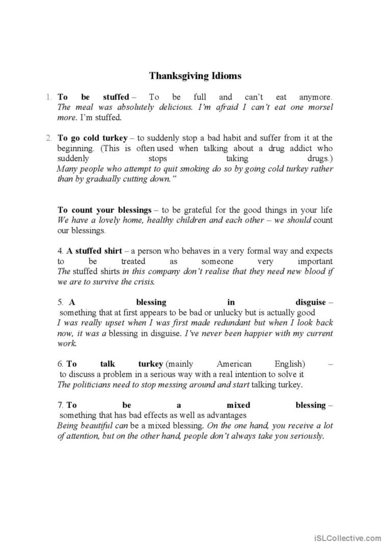 Thanksgiving Idioms: English Esl Worksheets Pdf &amp;amp; Doc inside Thanksgiving Idioms Worksheet